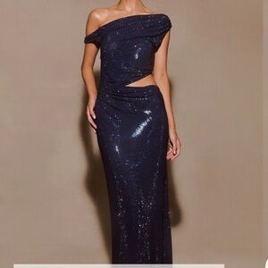 Meshki Kenny Diamonte Asymmetrical Off-Shoulder Dress in Navy